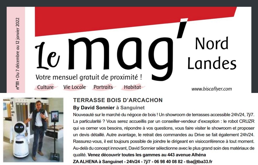 Article de présentation de Terrasse Bois d'Arcachon dans le magasine Le Mag' en décembre 2021