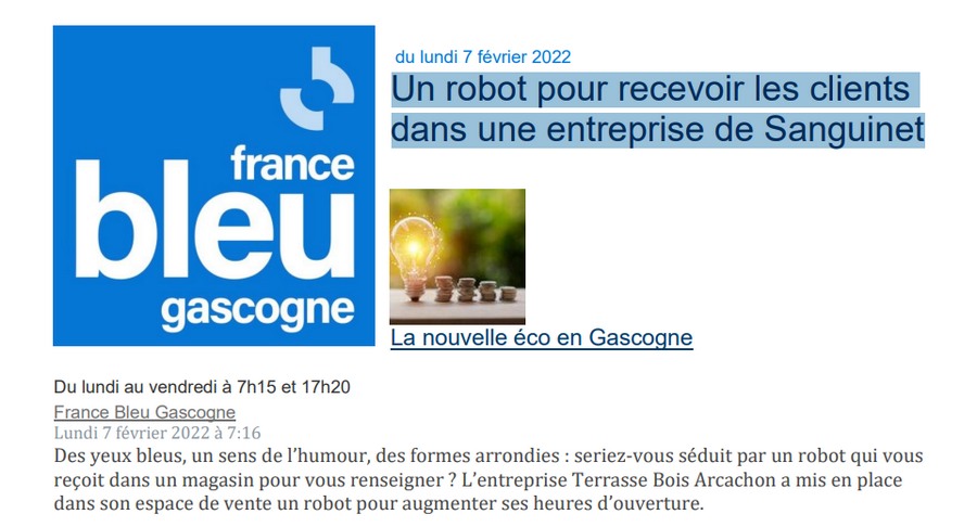 interview France Bleu Gascogne 07 02 2022 : un robot pour recevoir les clients